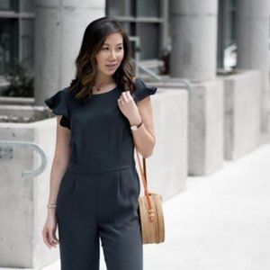 Ann Taylor Navy Crepe Jumpsuit w/ Flutter Sleeves